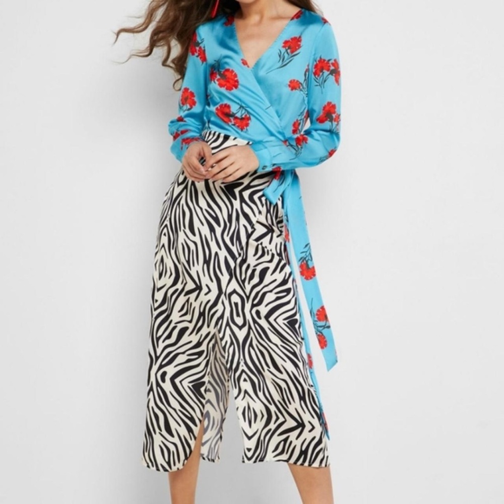 Never Fully Dressed Margot Animal Floral Print Clash Satin Wrap Dress